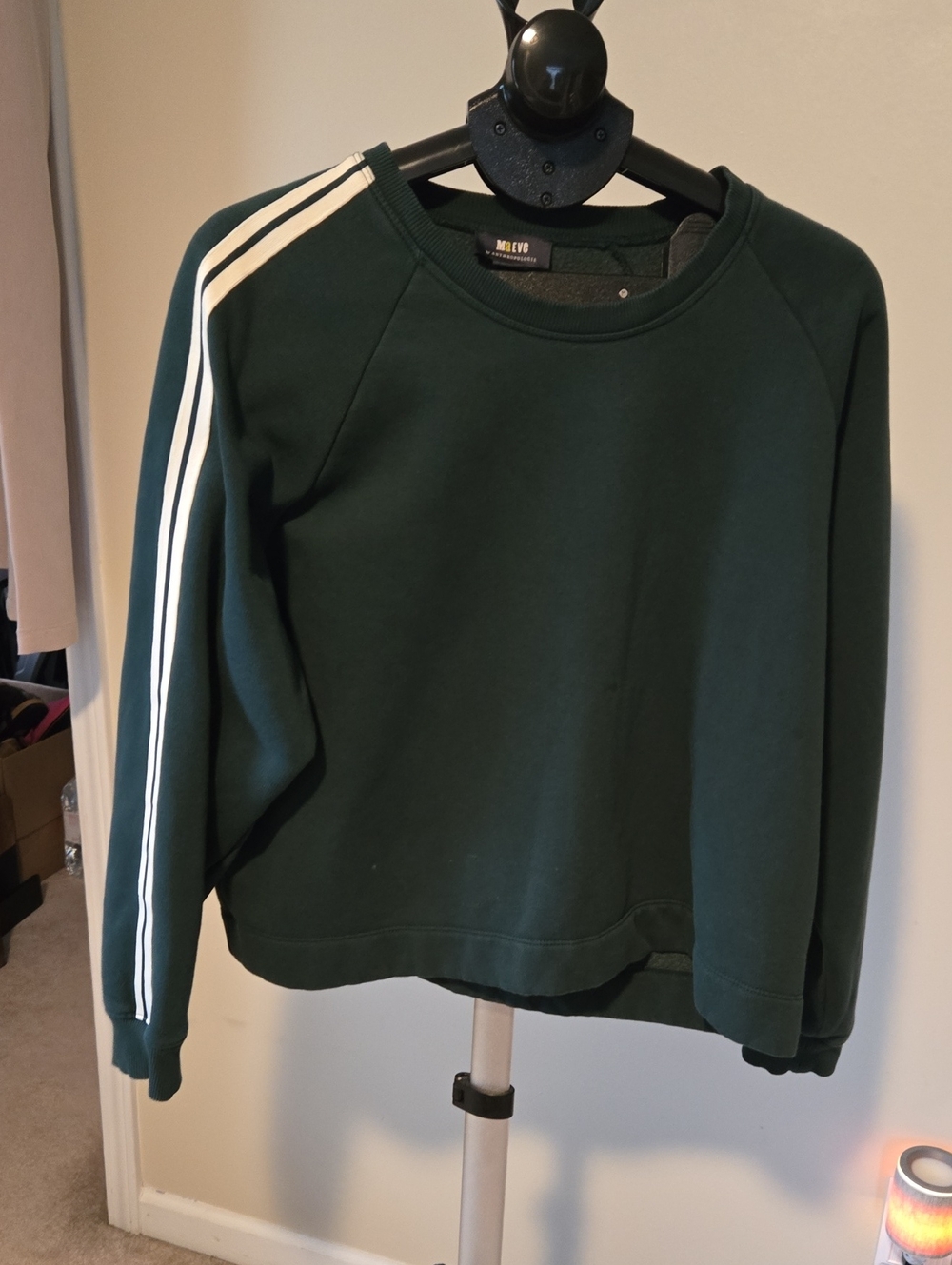 Anthropologie Forest Green Crewneck Sweatshirt with White Sleeve Stripes